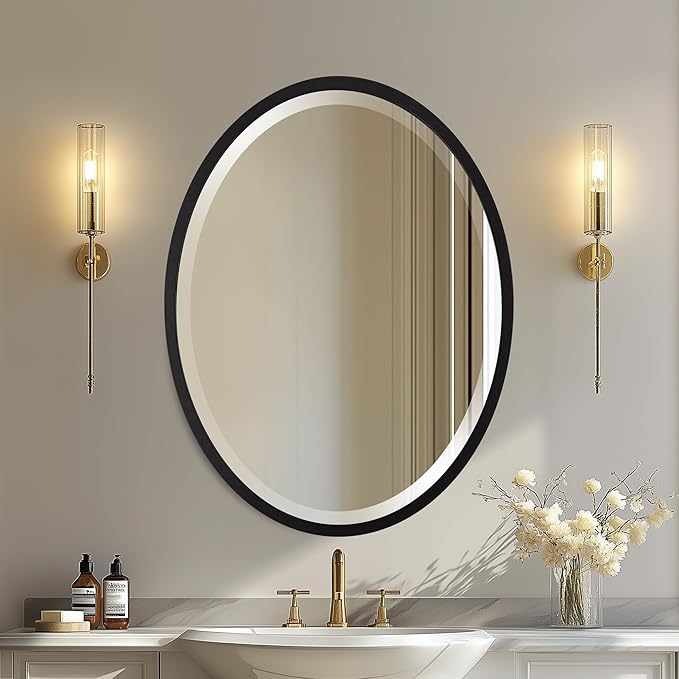 OVALCREST - Oval Wooden Beveled Wall Mirror for Home Decor, Bathroom, Vanity, Bedroom, Living Room, Hallway - London Style (Matte Black) 31.1 x 41.1