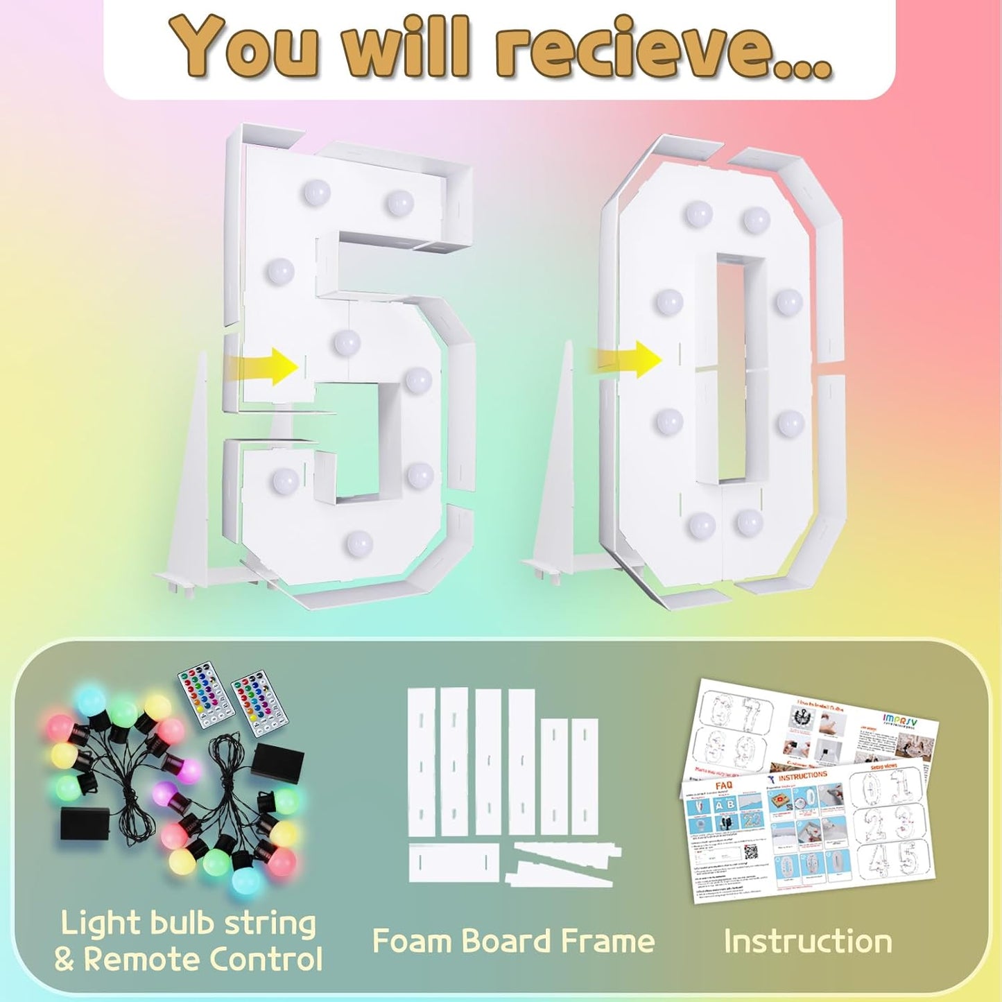 Marquee Numbers Colorful 50th-Birthday Decoration: 4FT Large Light Up 50 Year Old Birthday Decorations Anniversary Backdrop for Men Women Cardboard White Sign 18 Colors Number 50 Mosaic Balloon Frame