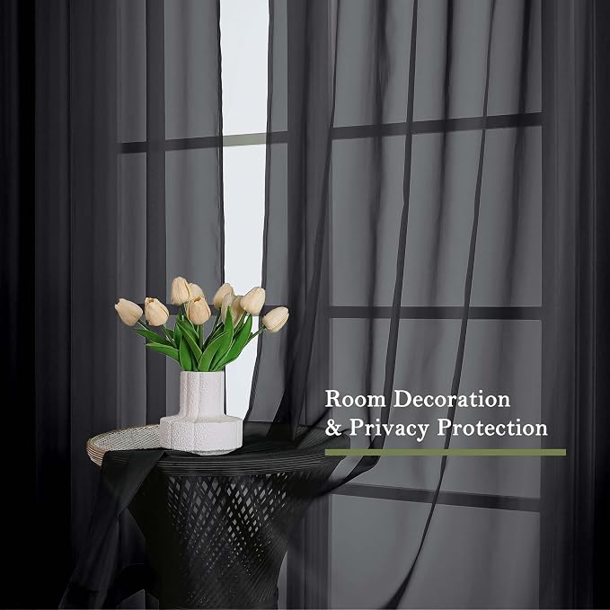 Lecloud Black Sheer Curtains 96 Inches Long 2 Panels, Solid Airy Voile Dual Rod - Image 6