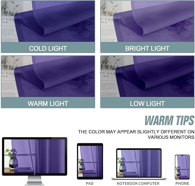Purple Sheer Curtains for Window 96 Inches Long 2 Panels Set, Soft Airy Light - Image 6