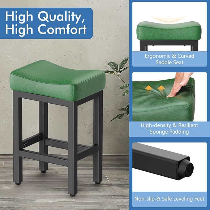 Counter Height Bar Stools Set of 3, 24 Inch Barstools for Kitchen Island Counter, Faux Leather Kitchen Stools with Saddle Seats & Metal Base, Easy Assembly, Forest Green