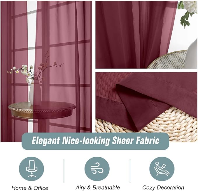 Burgundy Sheer Curtains 120 Inches Long 2 Panels, Extra Long Light Filtering - Image 4