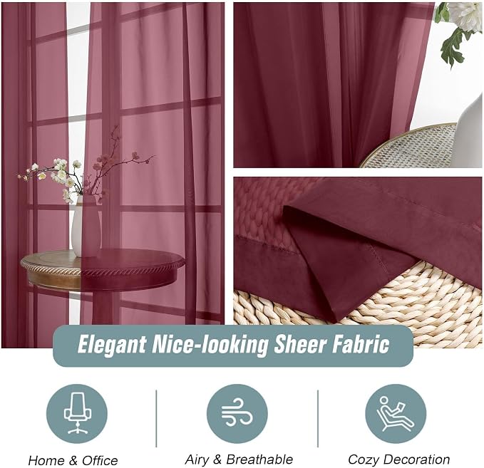 Burgundy Window Sheer Curtains 54 inch Length, Soft Airy Light Filtering Sheer - Image 4