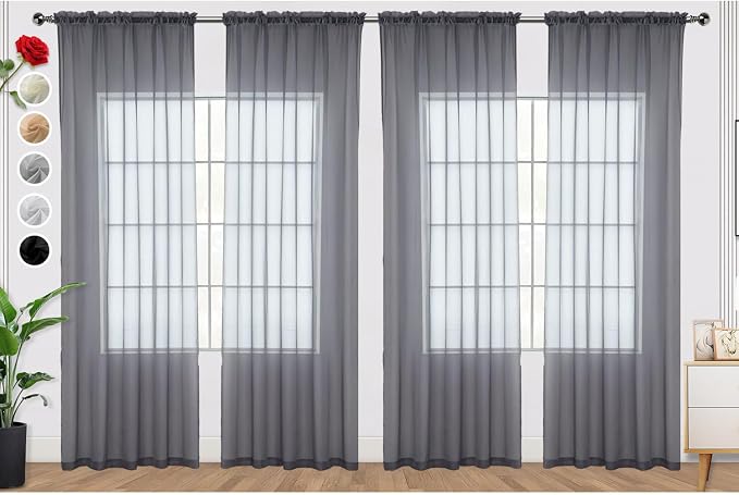 SpaceDresser Grey Sheer Curtains 4 Panels Rod Pocket Semi-Sheer Curtain 63 by SpaceDresser