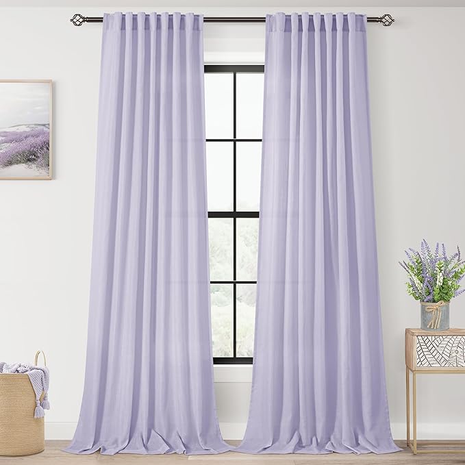 Lavender Semi Sheer Linen Purple Curtains 120 Inches Extra Long Ceiling to Floor by Jolilight