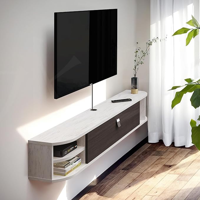 Pmnianhua Modern Wall Mounted TV Console with Storage - 70'' Under TV Shelf, Floating Entertainment Center for Bedroom & Living Room (Gray-White)