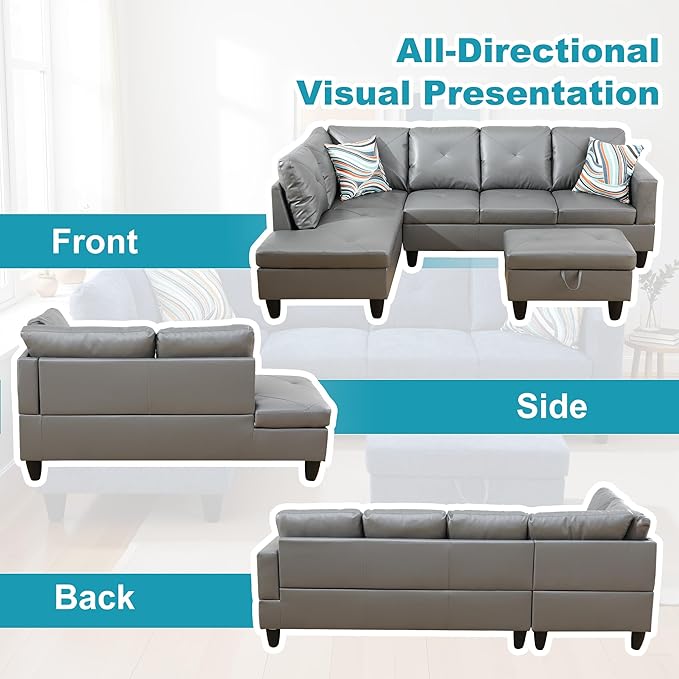 L Shaped Couch Faux Leather Sectional Couch Upholstered 3 Pieces Sofas for Living Room with Chaise, Storage Ottoman for Office and Small Apartment, Dark Grey