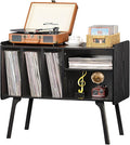 Lerliuo Record Player Stand with 4 Cabinet Holds Up to 220 Albums, Large Turntable Stand with Beech Wood Legs, Mid-Century Record Player Table,Black Vinyl Holder Storage Shelf for Bedroom Living Room
