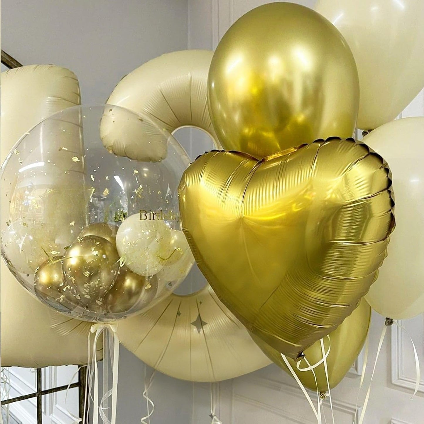 Gold White Heart Balloons,12Pcs 18 Inch Metallic Gold Cream Foil Love Heart Shaped Balloons for Birthday Party Wedding Engagement Anniversary Graduation Baby Shower Valentines Day Decorations