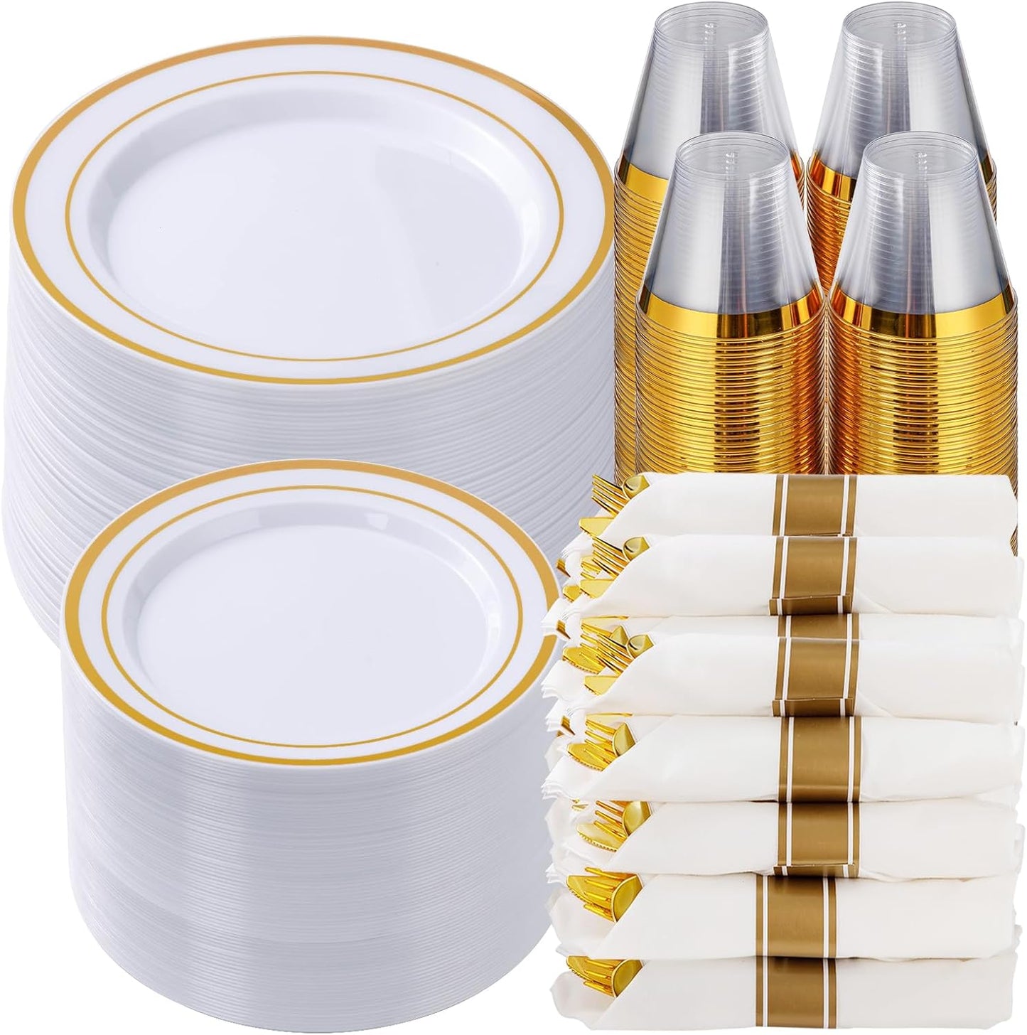 Goodluck 700 Piece Gold Plastic Dinnerware Set for 100 Guests, Disposable Plates for Party, Include: 100 Dinner Plates, 100 Dessert Plates, 100 Pre Rolled Napkins with Silverware, 100 Cups