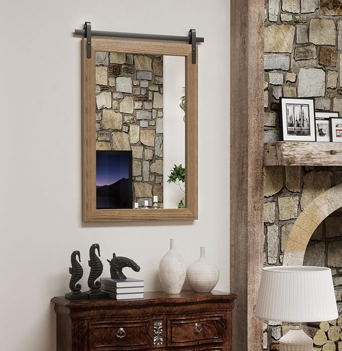 Farmhouse Bathroom Mirror, Brown Rustic Vanity Mirror Wood Framed Decrative Mirrors, Barn Door Style Decor Entryway Bedroom 22x30INCH Horizontal
