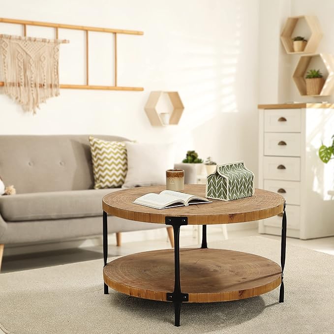 Round Boho Wood Coffee Table - 29.1" Farmhouse Natural Circle Wooden 2-Tier Coffee Tables Living Room Furniture, 29.1" D x 18.3" H, Natural Wood Color