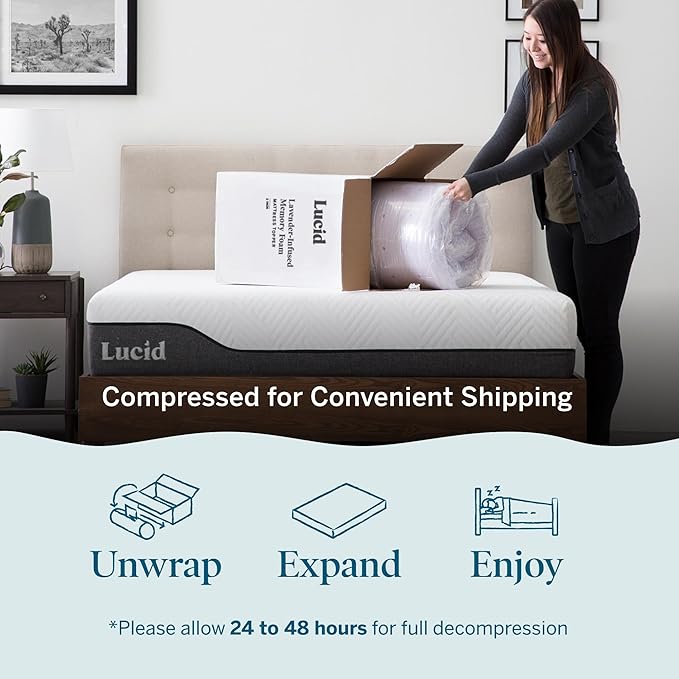 LUCID 3 Inch Lavender Infused Memory Foam Mattress Topper - Ventilated Design - Queen Size