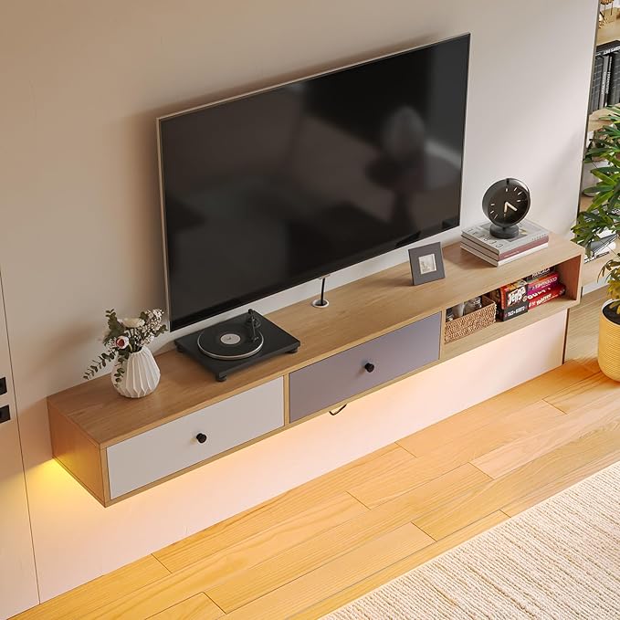 Modern Floating TV Stand with Doors, 70 Inch Wall Mounted TV Console,Floating Media Console Cabinet Under TV Shelf for Living Room Bedroom,Natural