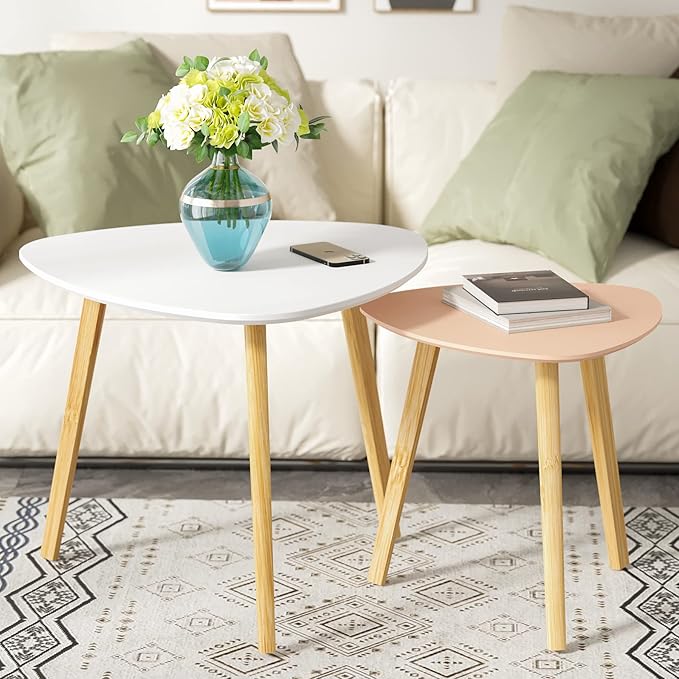 BAMEOS Bamboo Nesting Triangle End Table,Set of 2 Coffee Table Modern Minimalist Side Table for Living Room (White & Pink)