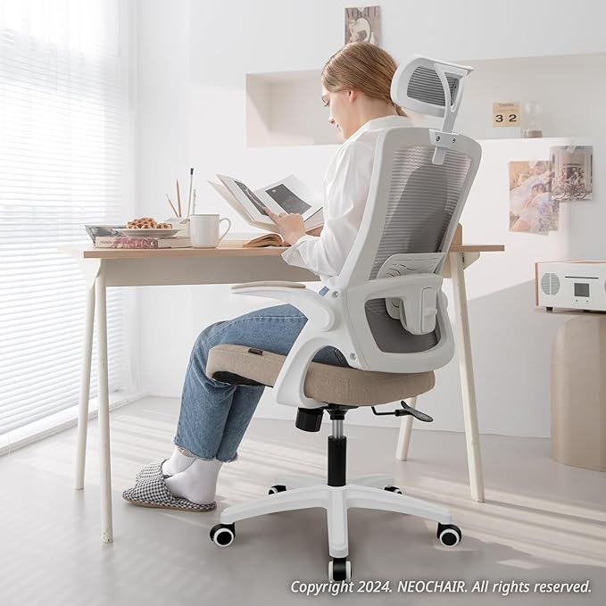 NEO CHAIR Ergonomic Office Desk Chair High Back Computer Gaming Mesh Chair with Comfy Task Adjustable Arms Lumbar Support Headrest Swivel for Home Office (Beige)