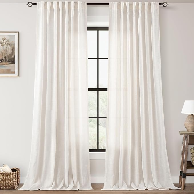 Natural Semi Sheer Linen Curtain 90 inch Length 2 Panels Set Back Tab Light by Jolilight