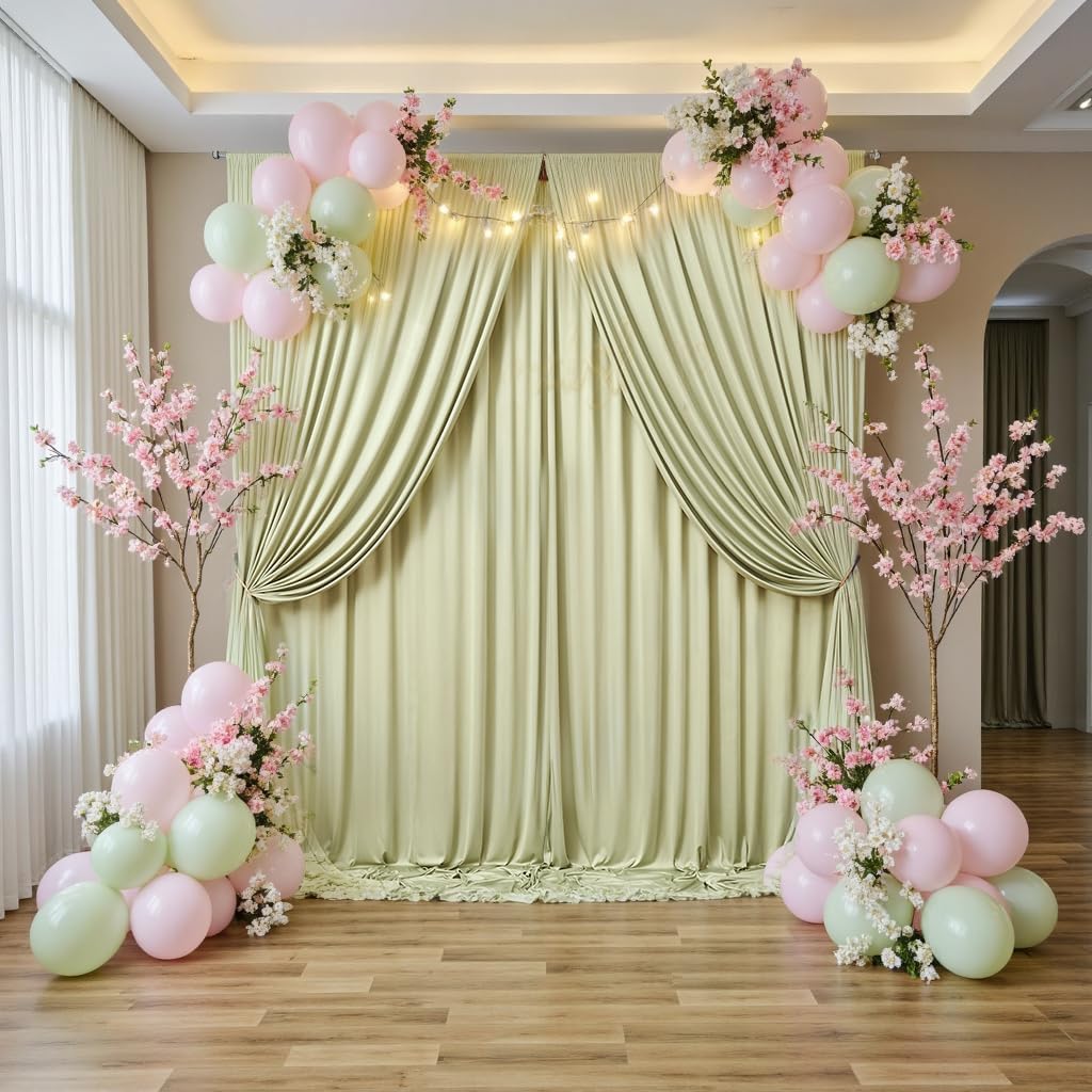 40 ft x 10 ft Wrinkle Free Sage Green Backdrop Curtain for Parties, Thick Green Polyester Photo Backdrop Drapes for Baby Shower Wedding Engagement Birthday Party Backdrop Stand,5ft x 10ft 8 Panels