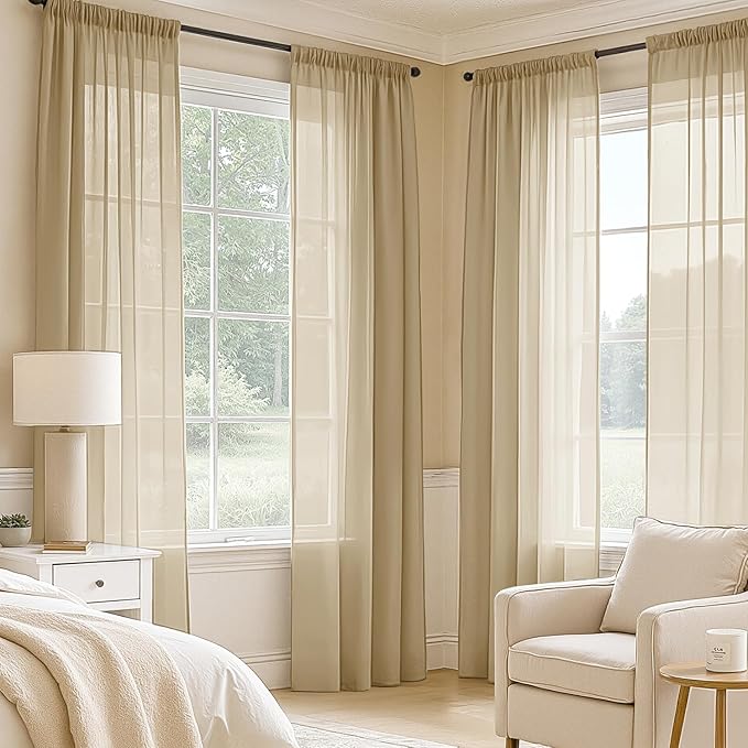 MIULEE Beige Sheer Curtains 90 Inches Long, 4 Panels Set, Rod Pocket Voile - Image 2