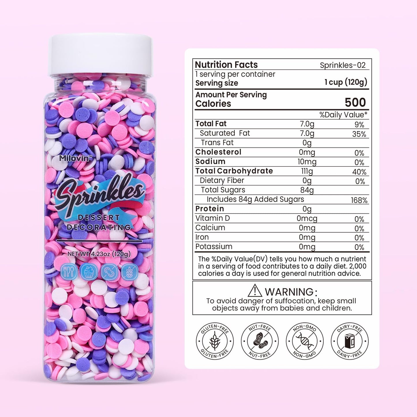 Edible Confetti Sprinkles for Cake Decorating, Round Sprinkles, Purple, Pink and White Sprinkles for Baking, Cupcakes, Macarons, Ice Cream Topping, Waffles, and Cookies（120g/4.23oz）