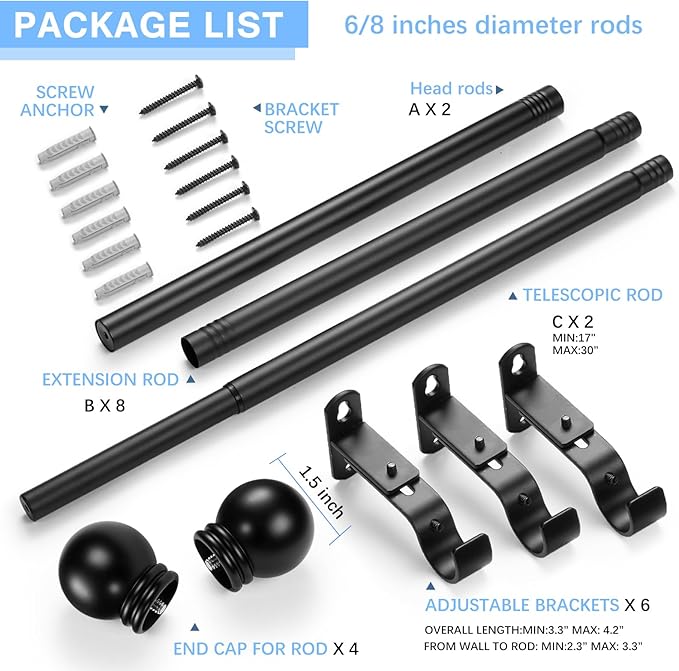 Curtain Rods for Windows 16 to 92 Inches, Curtain Rod Max Adjustable Length of 104 IN, 6/8" Diameter Drapery Rods Round Finials, Black, Pack of 2
