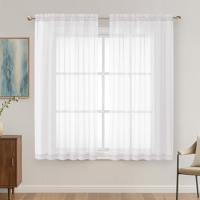 OVZME White Sheer Curtains 63 Inches Long 2 Panels Set, Light Filtering Sheer by OVZME