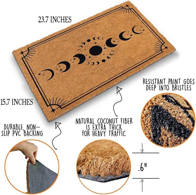 Funny Coir Doormat with Moon Phases - Front Door Mat, Entryway Welcome Mat, 23.7 x 15.7 inch