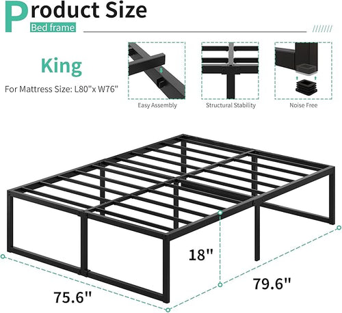 18 Inch King Bed Frame Sturdy Mattress Foundation, Heavy Duty Metal Platform with Steel Slats Support No Box Spring Needed, Noise Free, Easy Assembly, Black