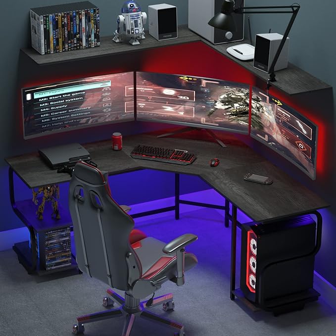 Teraves Modern L Shaped Desk with Shelves,64.84" Gaming Computer Desk for Home Office,Corner Desk with Desktop (Black Oak+Black Frame, Large+4 Tier Shelves)