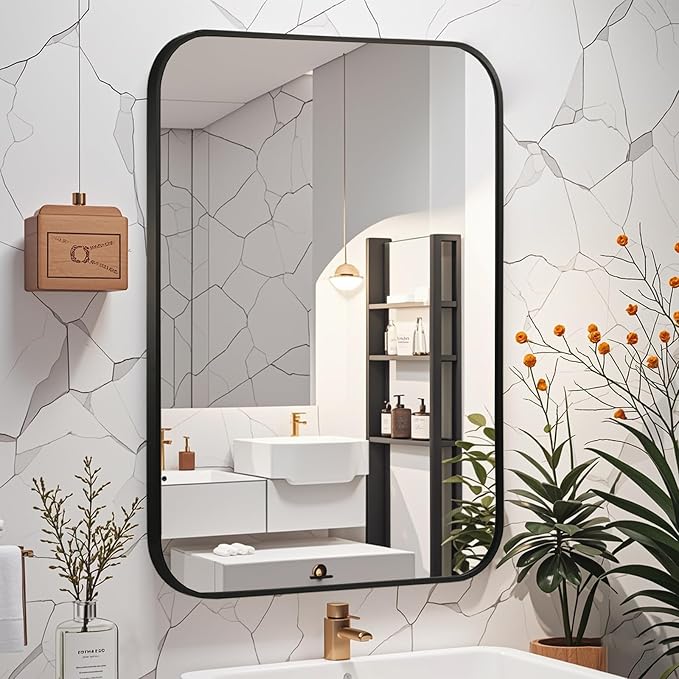 Matte Black Mirror, 24"x36" Rectangle Bathroom Mirror, Metal Frame Rectangle Corner Vanity Mirror, Wall Mounted Mirror for Modern, Living Room, Bedroom, Horizontal Or Vertical