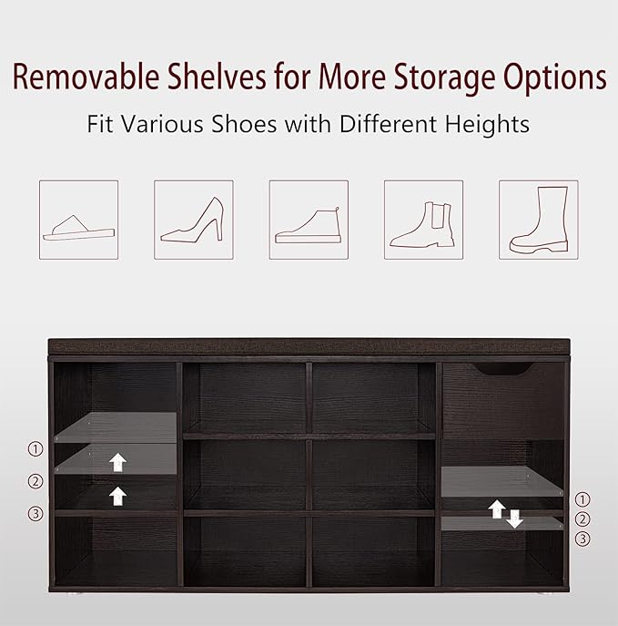 DINZI LVJ Shoe Bench, Entryway Storage Bench with Drawer and 11 Cubbies, Cubby Shoe Rack with Adjustable Shelves, Shoe Organizer Cabinet for Living Room, Bedroom, Mudroom, Closet and Garage, Espresso
