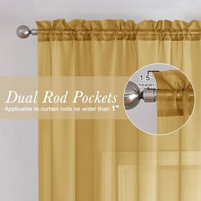 Lecloud Gold Sheer Curtains 63 Inch Length 2 Panels, Airy Light Filtering Voile - Image 2