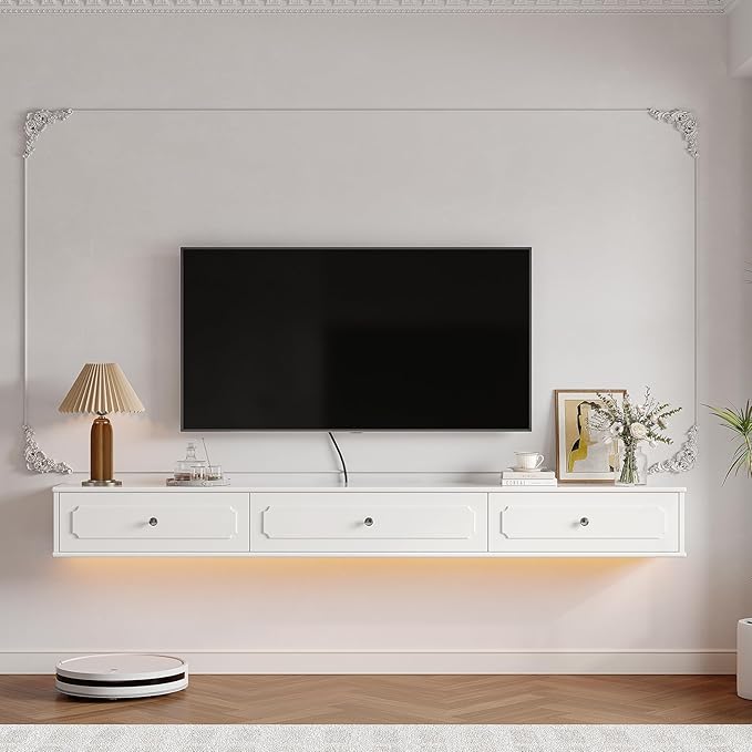 Retro Floating TV Console with 3 Doors,47'' High Gloss Floating TV Stand,Wall Mounted TV Cabinet,Contemporary Floating Media Console for Under TV Storage,Living Room,Bedroom(White)
