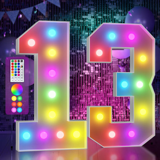 Marquee Numbers Colorful 13th-Birthday Decoration: 4FT Large Light Up 13 Year Old Birthday Decorations Anniversary Backdrop for Boys Girls Cardboard White Sign 18 Colors Number 13 Mosaic Balloon Frame