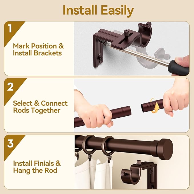YaFex Curtain Rods 2 Pack 32-144 Inch, Heavy Duty 1 Inch Curtain Rod, Bronze - Image 8