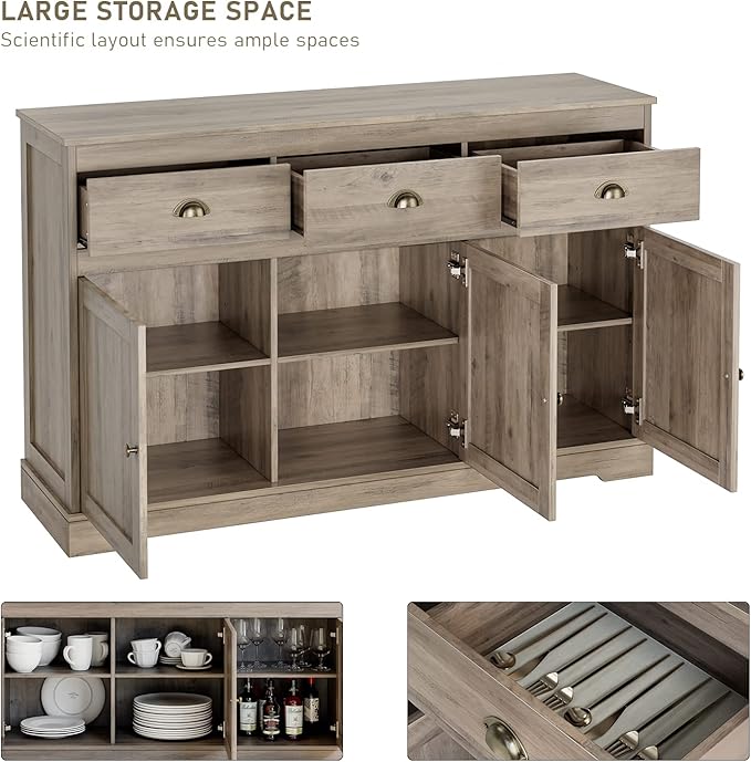Keyluv Buffet Storage Cabinet, Sideboard Farmhouse Server Bar Wine Cabinet with 3 Drawers & 3 Doors Adjustable Shelves Console Table for Kitchen, Dining Living Room Cupboard, Grey Wash