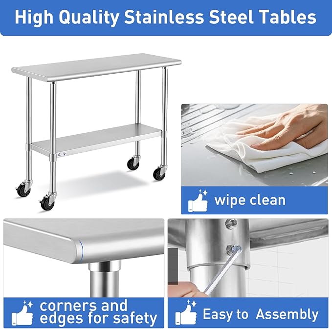 ROCKPOINT Stainless Steel Table for Prep & Work with Caster Wheels 24x30 Inches, NSF Metal Commercial Kitchen Heavy Duty Table with Adjustable Under Shelf and Table Foot for Restaurant, Home and Hotel