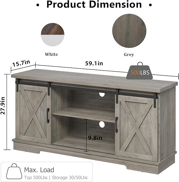 CABIHOME Farmhouse Tv Stand for 65 Inches TVs, Entertainment Center with Storage and Sliding Barn Doors, Adjustable Shelf Modern Media TV Console TV Stand Table for Living Room, Bedroom, Grey