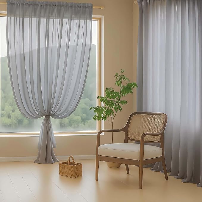Grey Sheer Curtains for Window 96 Inches Long 2 Panels, Light Filtering Voile - Image 8