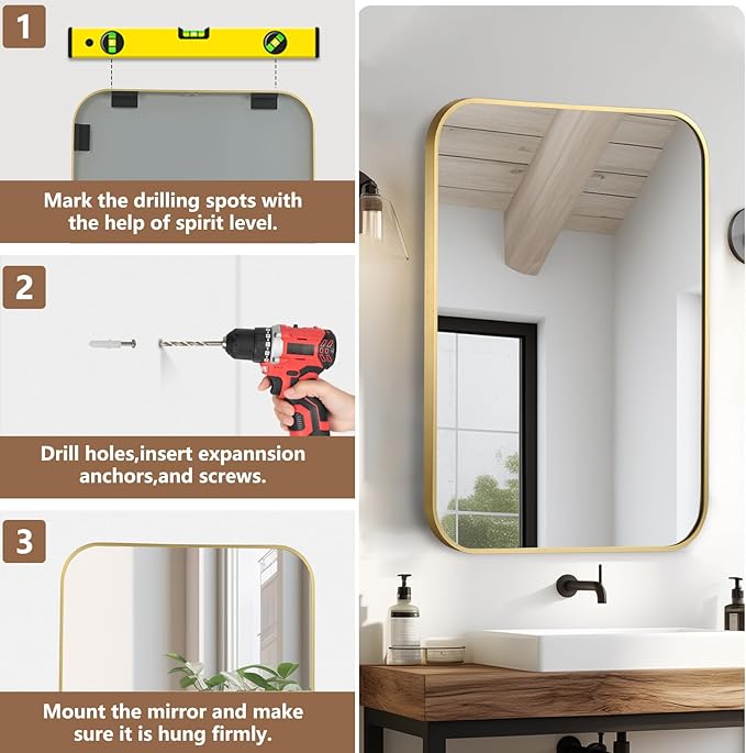 Brushed Gold Mirror, 20"x30" Rectangle Bathroom Mirror, Metal Frame Rectangle Corner Vanity Mirror, Wall Mounted Mirror for Modern, Living Room, Bedroom, Horizontal Or Vertical