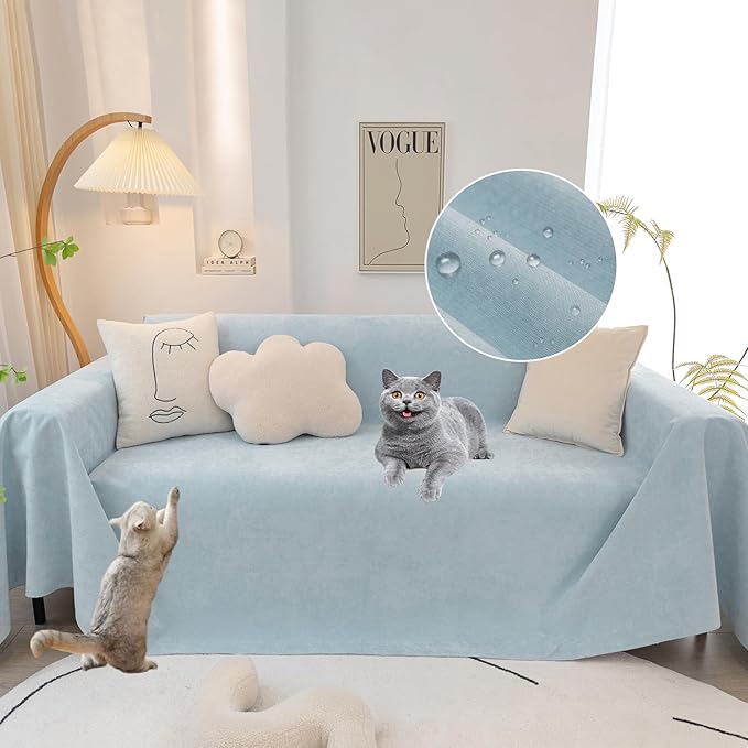 STACYPIK Waterproof Couch Cover Sky Blue Sectional Sofa Cover Cat Dog Anti Scratch Couch Cover Non-Slip Furniture Protector for 3 Cushion Couch Pet Couch Protector Cover Washable Pet Bed Mat-71X134IN