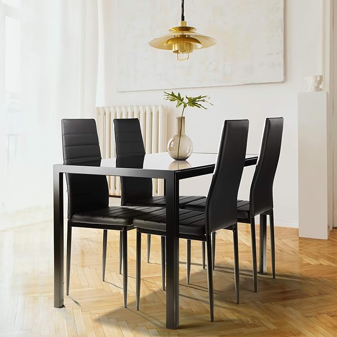 Ball & Cast 5 Pieces Dining Table Set with 4 Faux Leather Chairs,Wooden Living Room Furniture W/ 47.25" Rectangle Kitchen Desk,for Restaurant,Home Bistro,White