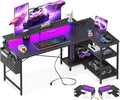 ODK 58 Inch Gaming Desk with USB Charging Ports and LED Lights, Reversible L Shaped Computer Desk with Storage Shelves & Monitor Stand, Corner Gamer Desk Table with Power Outlets, Black