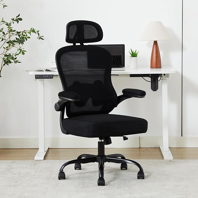 Ergonomic Office Chair,Ultra Thick Office Desk Chair with Adjustable Lumbar Support and Headrest,Spring Cushion,Rocking Function,Flip-up arms,Mesh Computer Chair for Home Office,Black