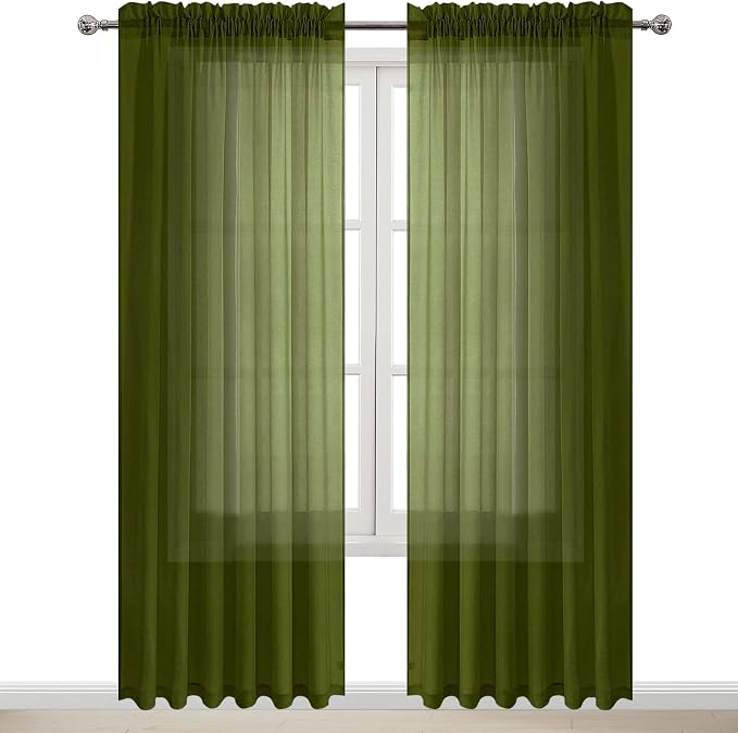 DWCN Olive Green Sheer Curtains Semi Transparent Voile Rod Pocket Curtains - Image 9