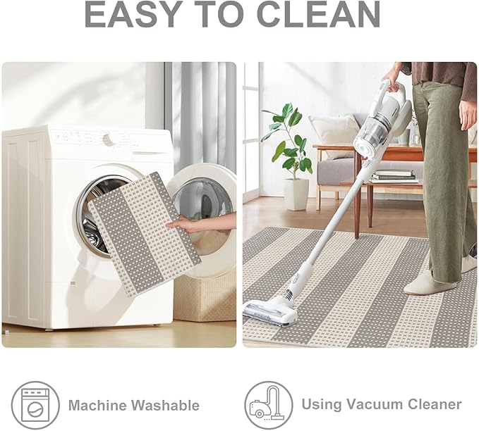 OJIA Front Door Rug 24"x51" Washable Checkered Rug Cotton Woven Small Outdoor Rug Kitchen Entryway Rugs Indoor Doormat Outdoor Entrance Porch Carpet for Bathroom Bedroom (Gray/White/Tan)