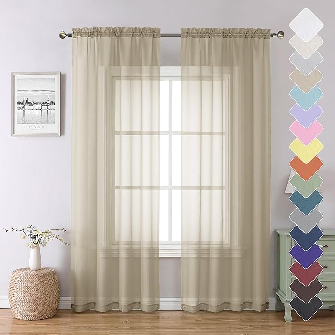 Lecloud Taupe Sheer Curtains 84 Inches Long 2 Panels, Light Filtering Solid by Lecloud