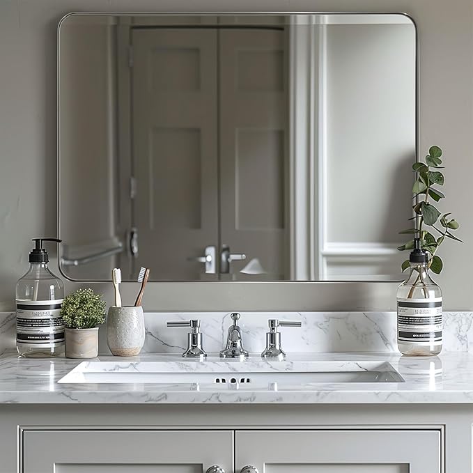 ANDY STAR 30”x40”Chrome Mirror for Bathroom, Rounded Rectangle Bathroom Mirror, Modern Metal Mirror in Premium Stainless Steel Frame, 1”Deep Set Design Hangs Horizontal Or Vertical