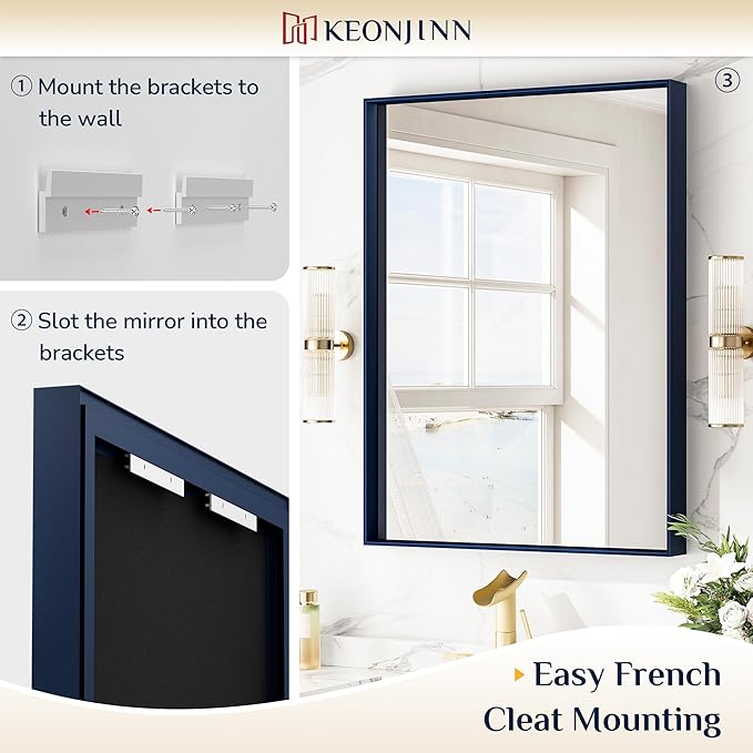 Keonjinn Blue Bathroom Mirror 40 x 30 Inch, Metal Frame Rectangular Wall Mirror, Modern Farmhouse Navy Blue Mirrors, Large Square Corner Rectangle Mirrors for Over Sink