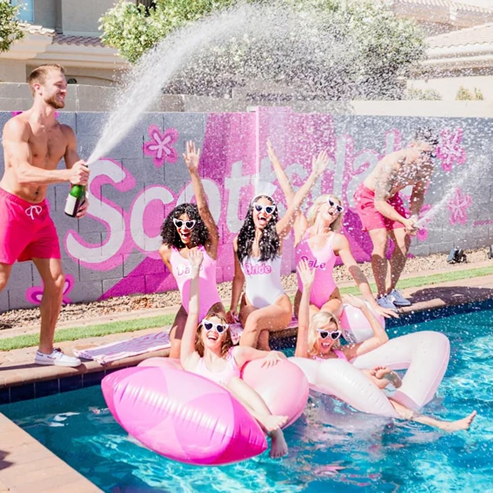 1+7 Pack Bachelorette Party Favor Retro Heart Sunglasses and Bridesmaid Scrunchies Set (Pink)